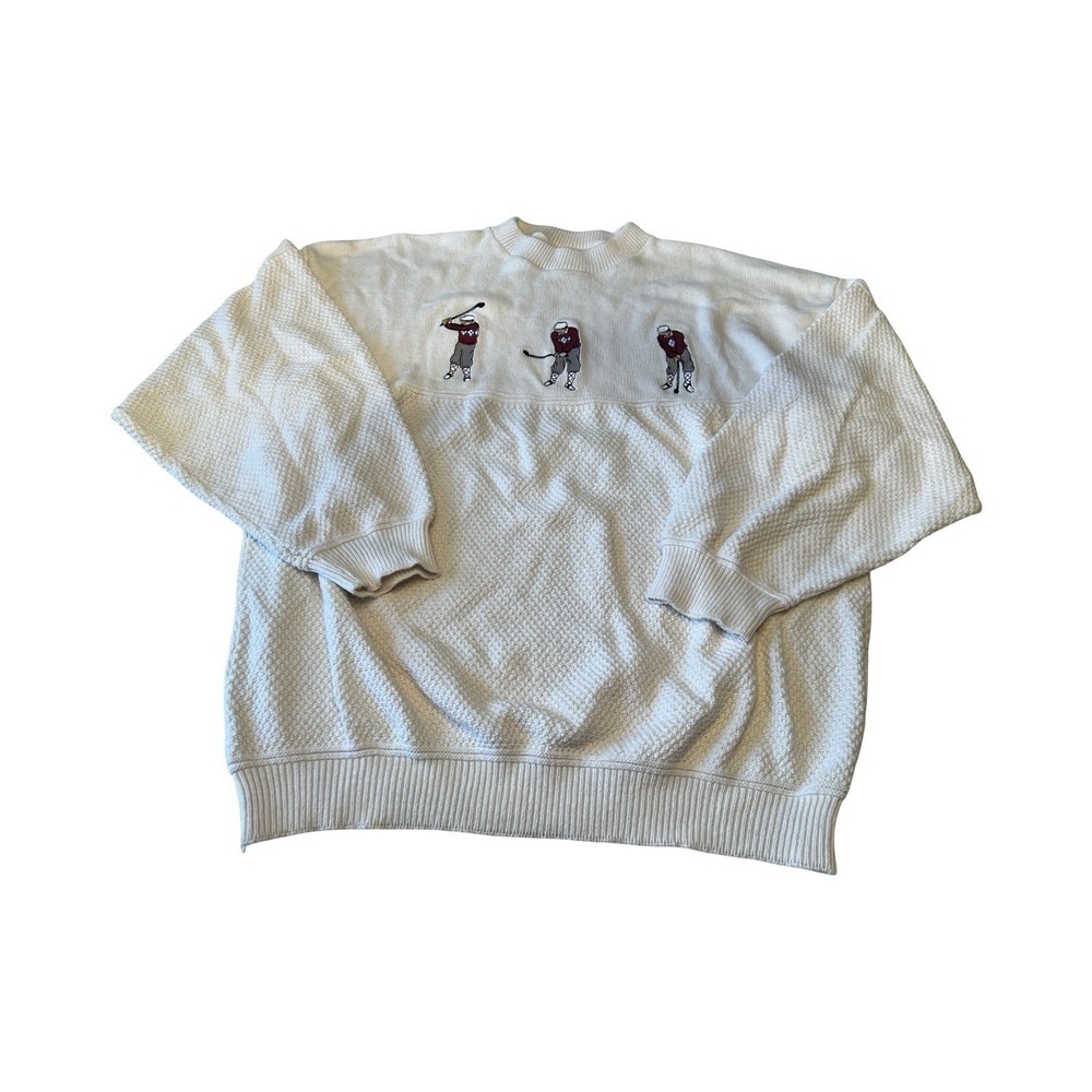 Vintage White Cotton Knit Golf Sweater Embroidered Golfers Made in USA Mens XL